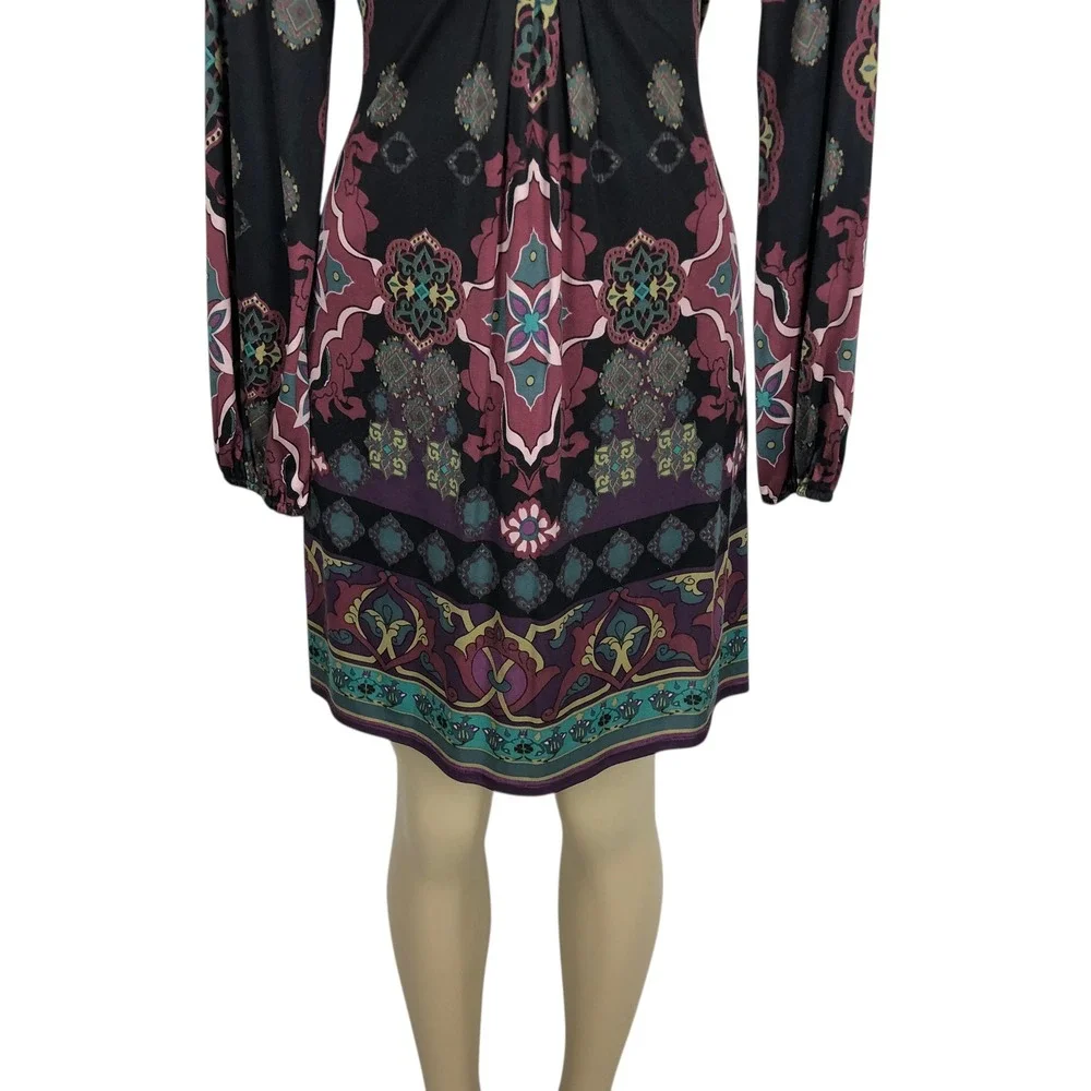 Hale Bob Beaded V-Neck Multicolor Paisley Print Mini Dress Size S Y2K Boho - Picture 4 of 8